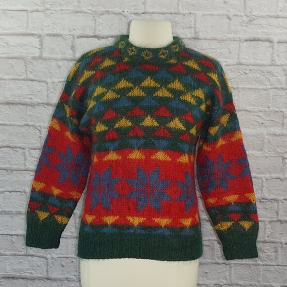 Vintage 80s Mohair Intarsia Fair Isle Snowflake Knit Sweater - Picture 1 of 5